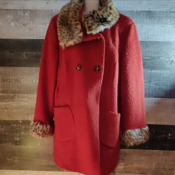 Apt 9 Wool Blend Rust Pea Coat Faux Fur Trim Women's 1X Plus Size Elegant EUC - Picture 12 of 16